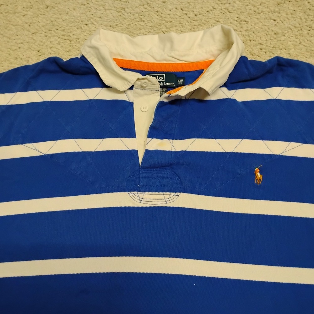 Vintage Polo Ralph Lauren Shirt Mens 5XB Blue Striped Rugby Flesh Pony Logo 90s